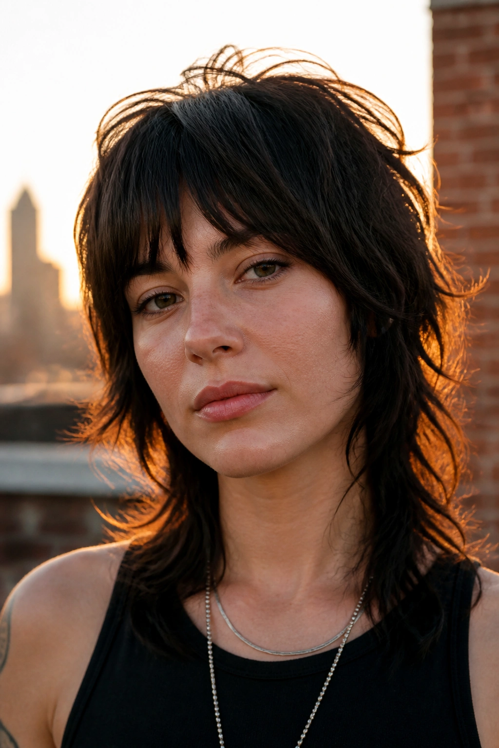 Close-up portrait of a woman with soft wolf shag on rooftop at golden hour