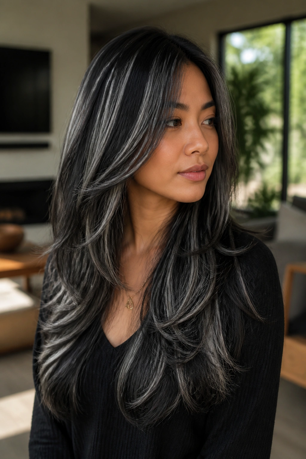 Portrait of a real person with layered black hair and soft grey zebra stripes