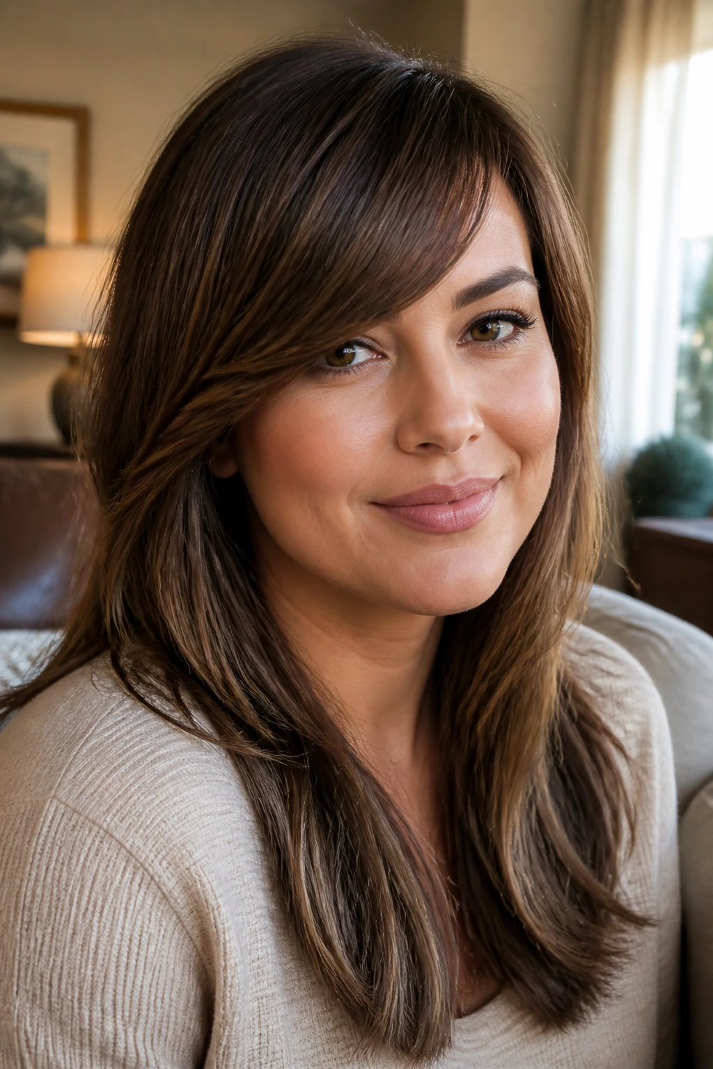 Close-up portrait of a real woman with side bangs softening cheeks
