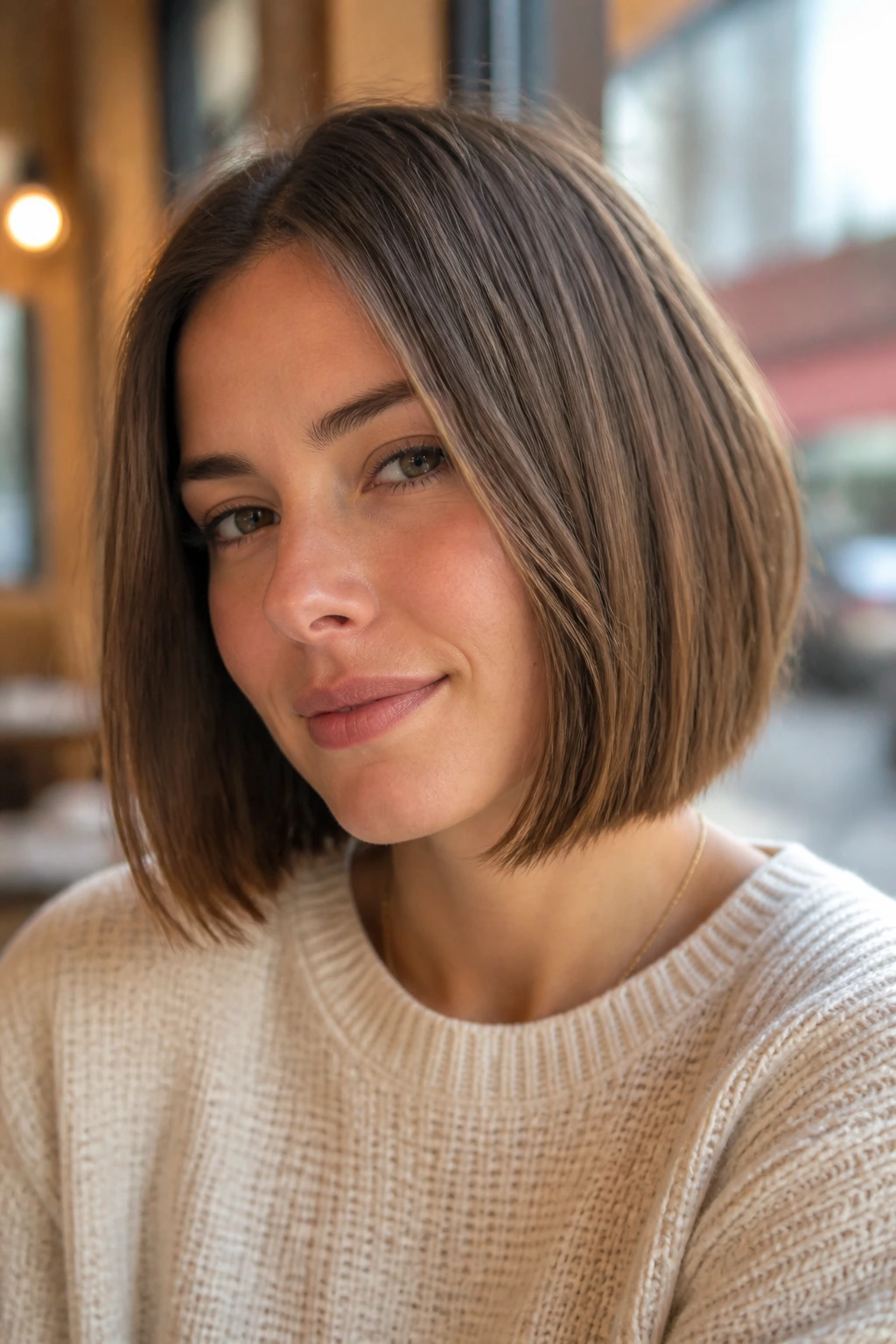 Close-up of a real woman with a softened blunt bob in warm cafe lighting