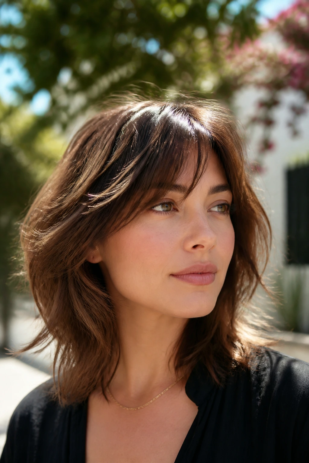 Close-up of a real woman with a softened wolf cut and airy layers.