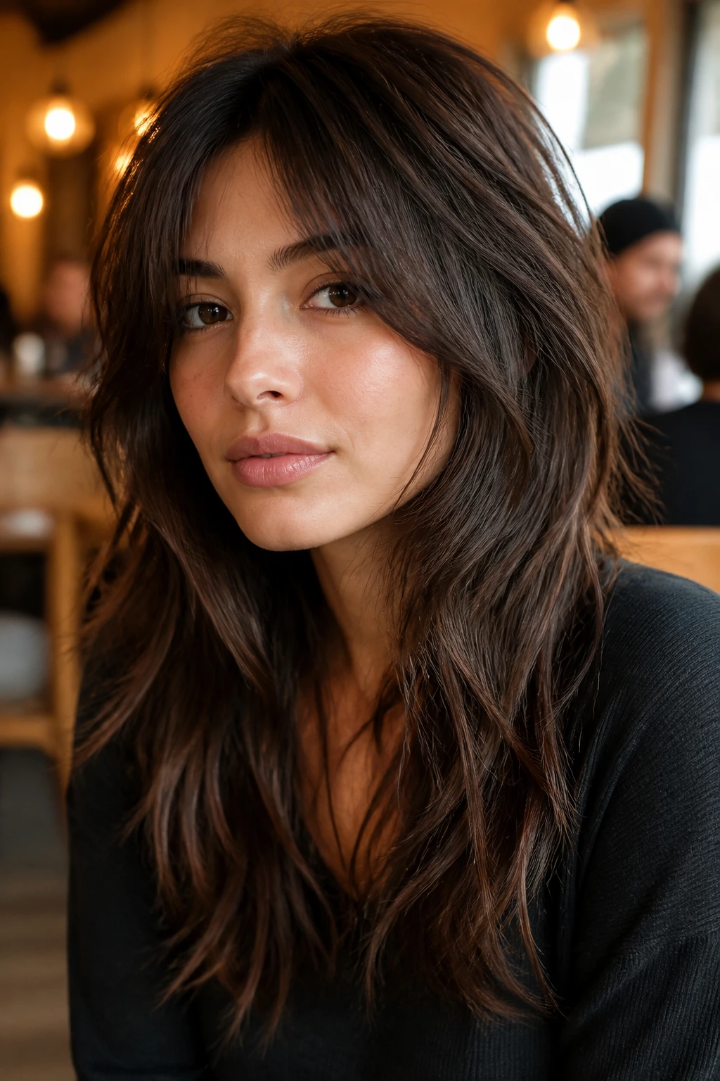 Portrait of a woman with a softened wolf cut skimming the cheeks