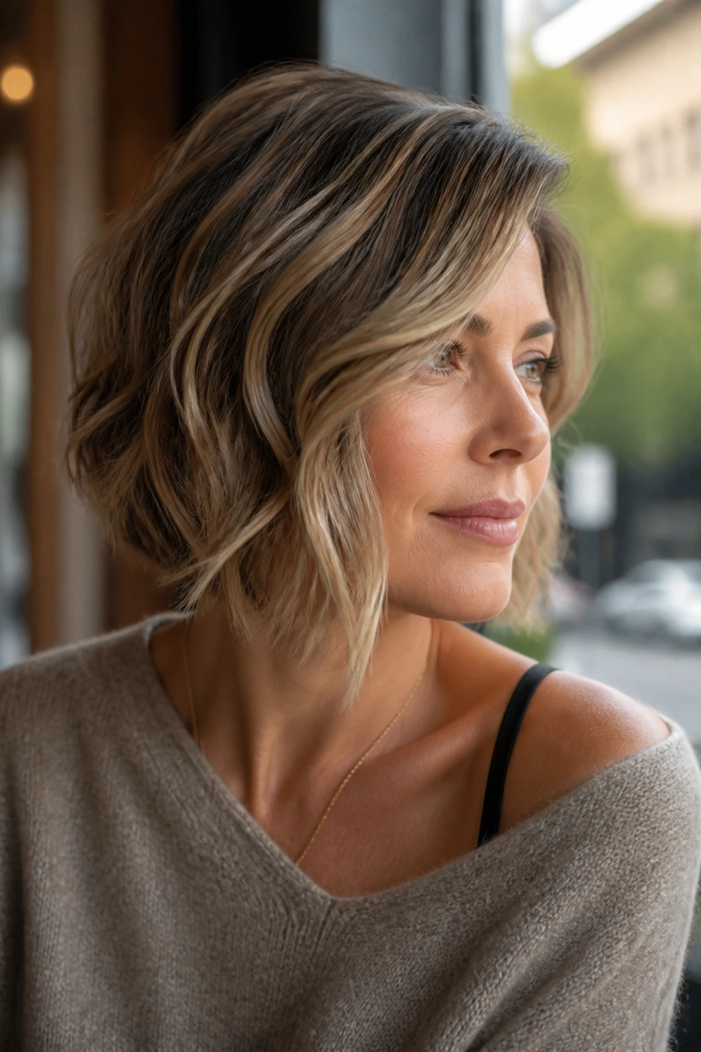 Close-up of real woman with softly angled bob for fine wavy hair in daylight