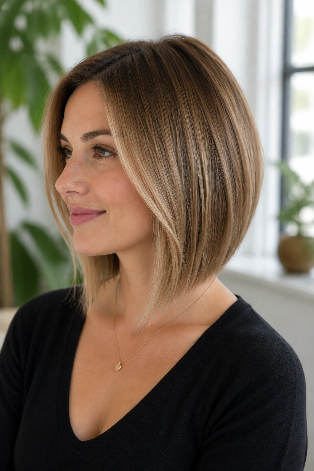 Portrait of a real woman with softly angled lob and slight front drop