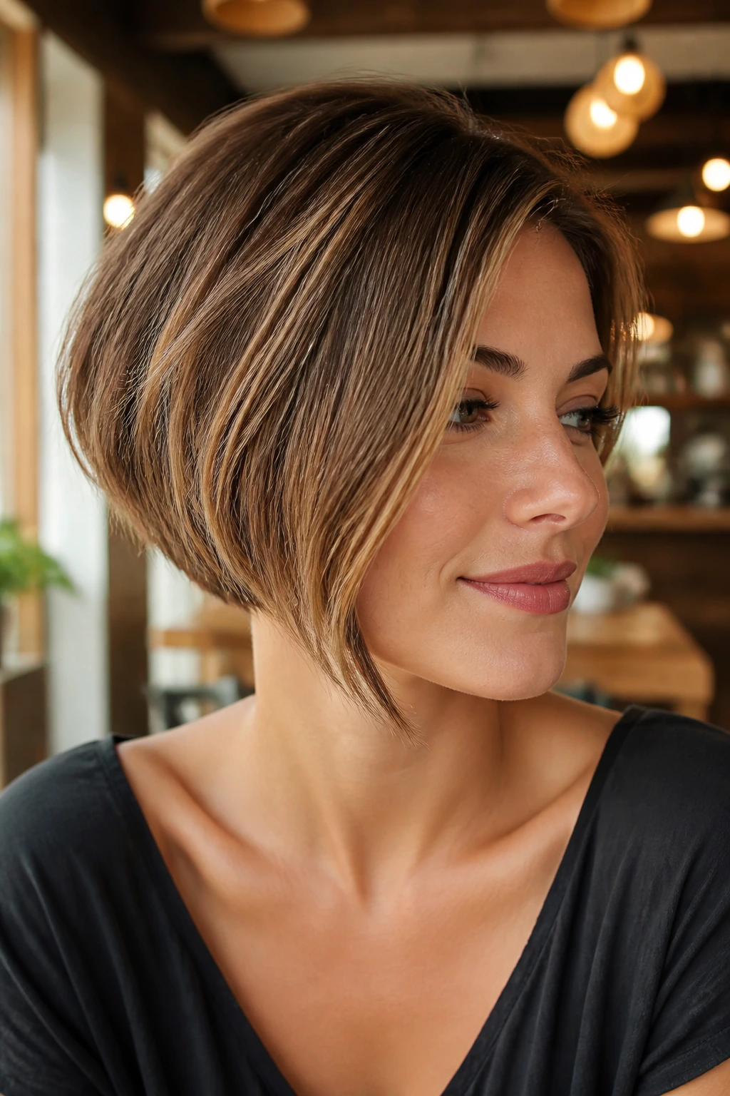 Close-up of a real woman with softly cropped asymmetrical bob at the nape in a sunlit cafe