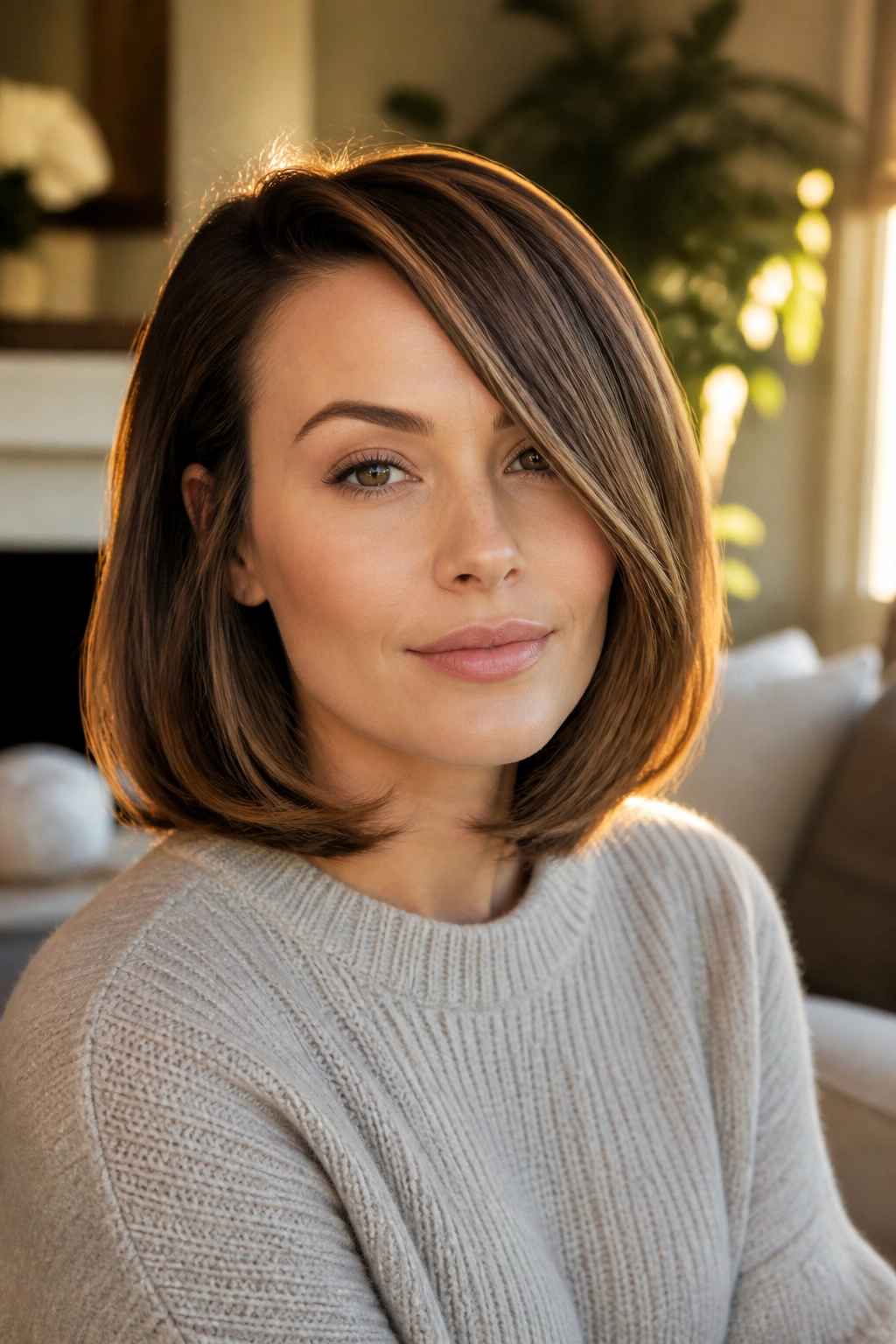 Close-up portrait of a real woman with a softly curved long bob and gentle bend near the ends
