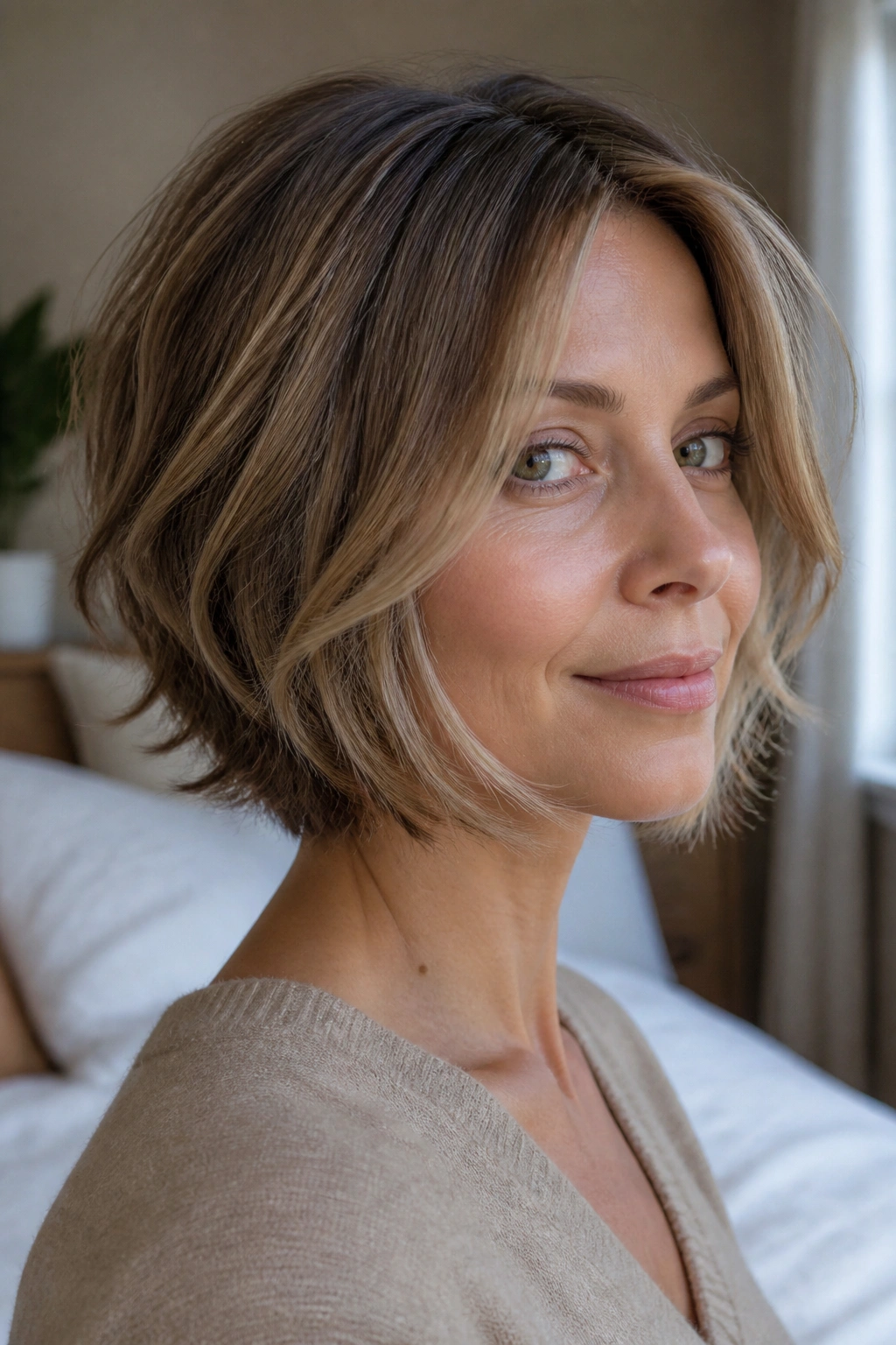 Real woman with softly feathered inverted bob in diffused morning light.