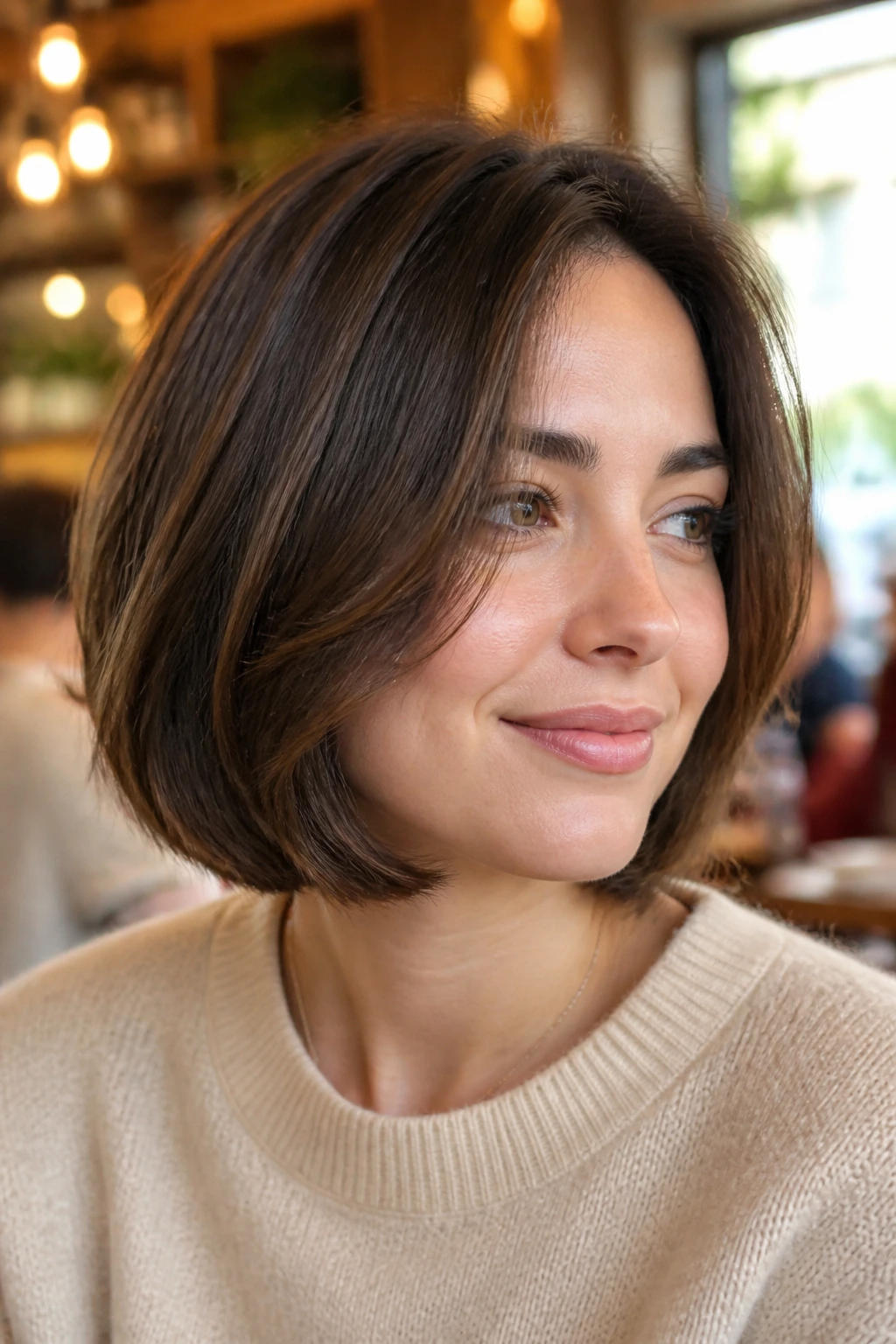 Portrait of a woman with softly layered chin-length bob.