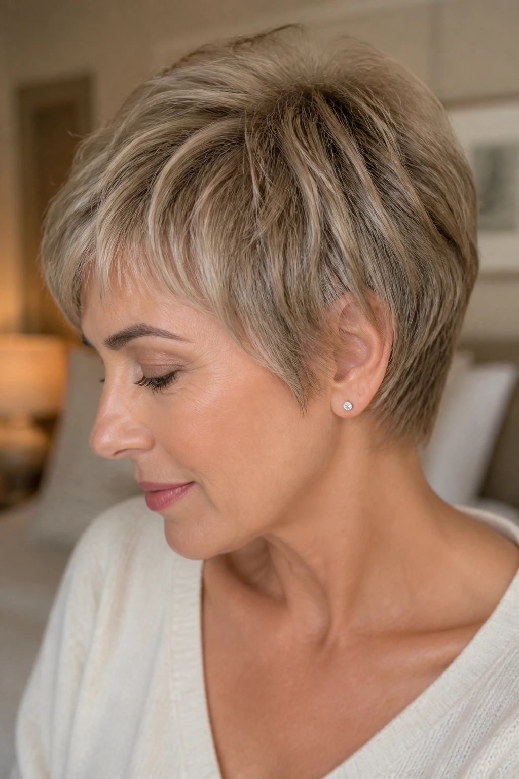 Close-up portrait of a woman with softly layered crop hairstyle in warm bedroom light