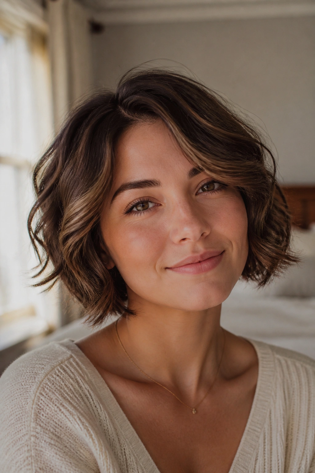 Real woman with softly layered wave bob in a cozy sunlit room