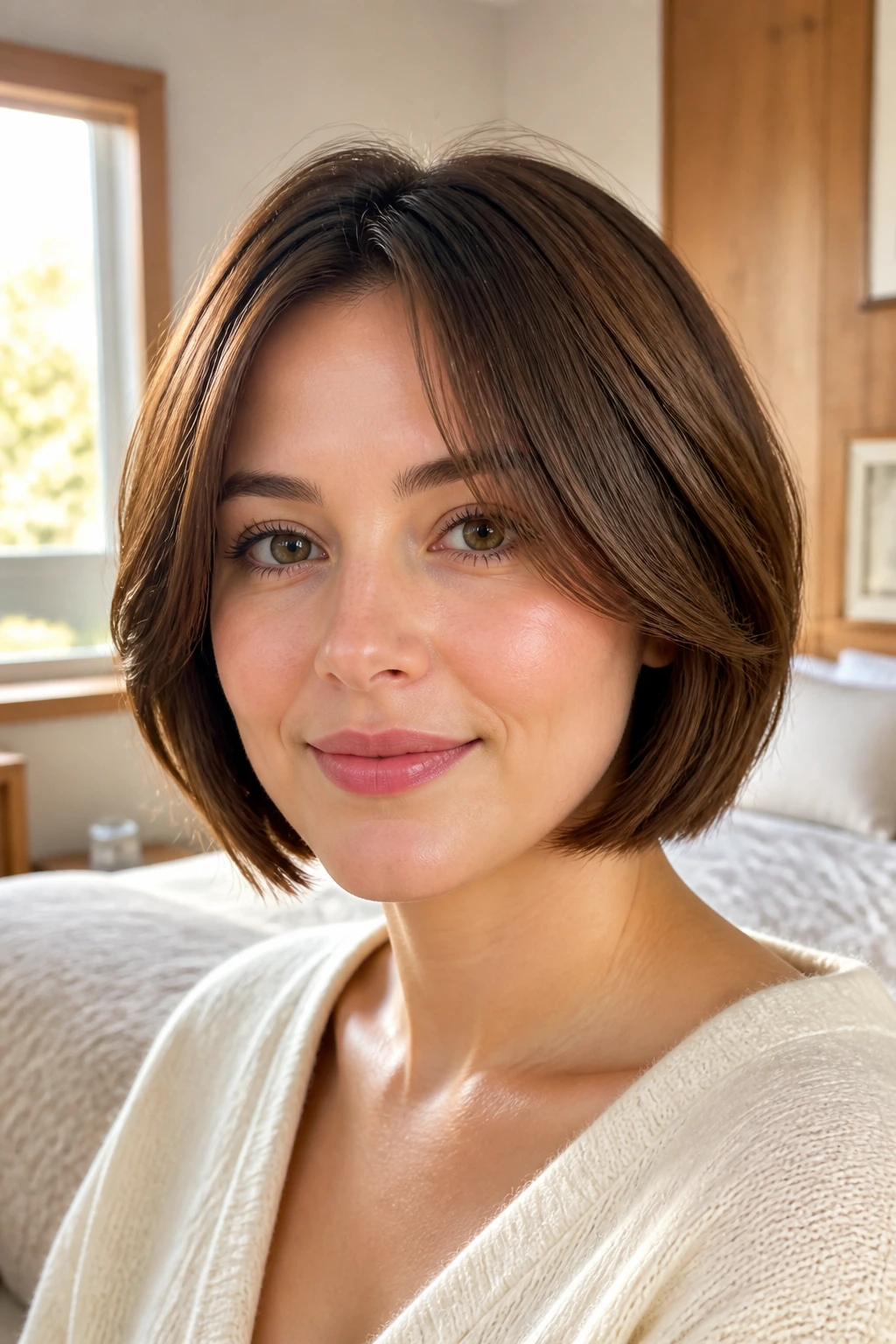 Close-up portrait of a real woman with a softly rounded bob under warm window light.