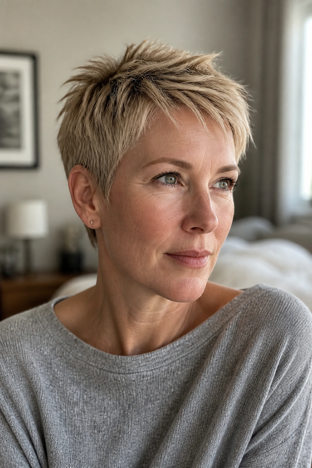 Close-up portrait of a real woman with softly shattered pixie for fine hair, top 2-3 inches, neat sides, warm bedroom light