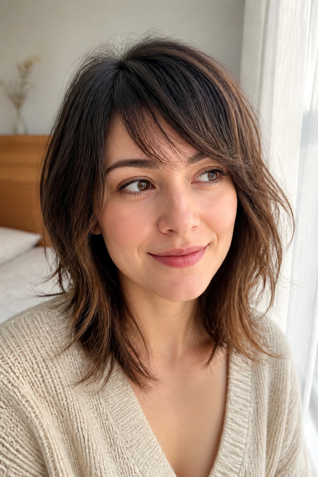 Close-up portrait of a real woman with a softly shattered side fringe in natural light