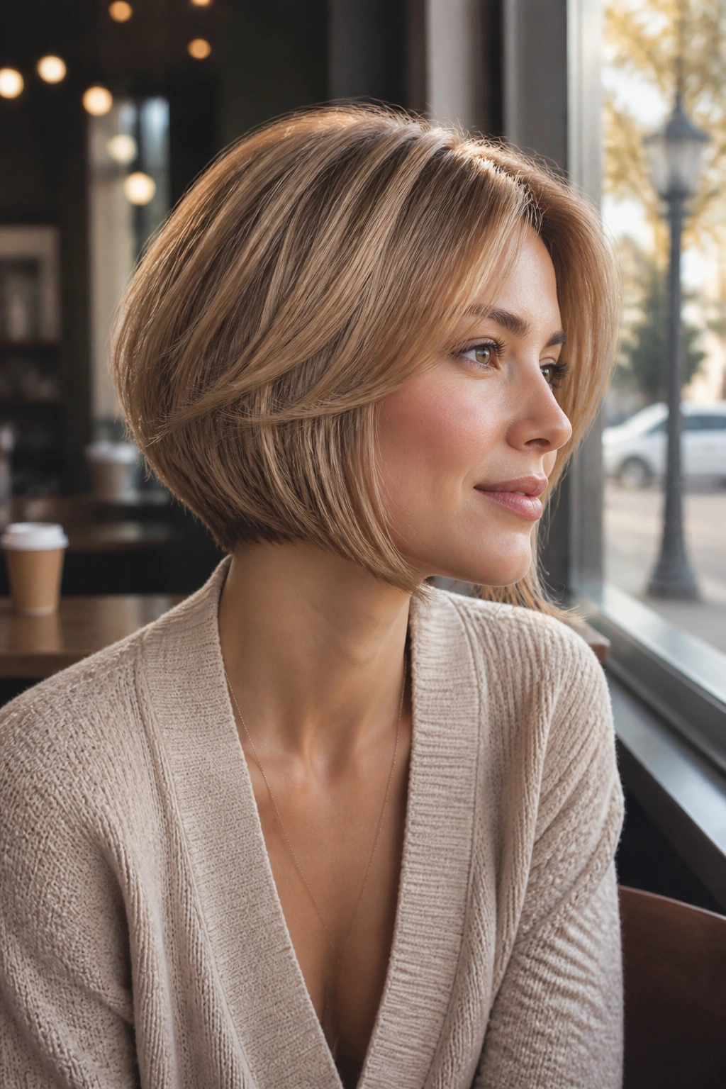 Three-quarter portrait of a real woman with a softly stacked bob in warm cafe light