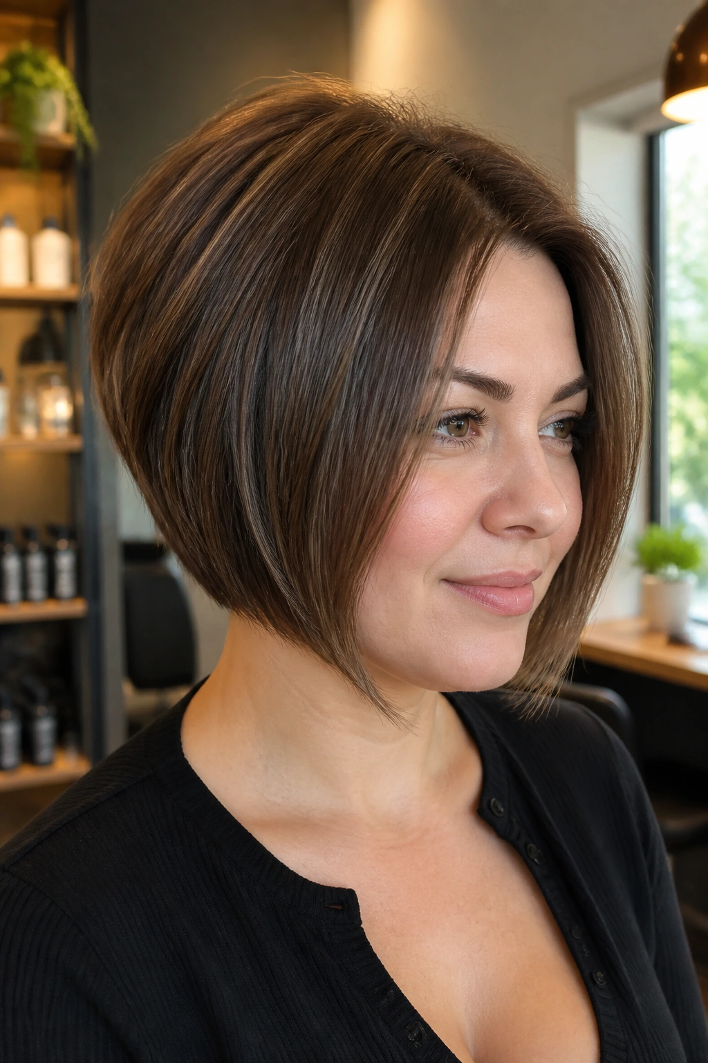 Close-up portrait of a real woman with softly stacked inverted bob for round face, natural window light