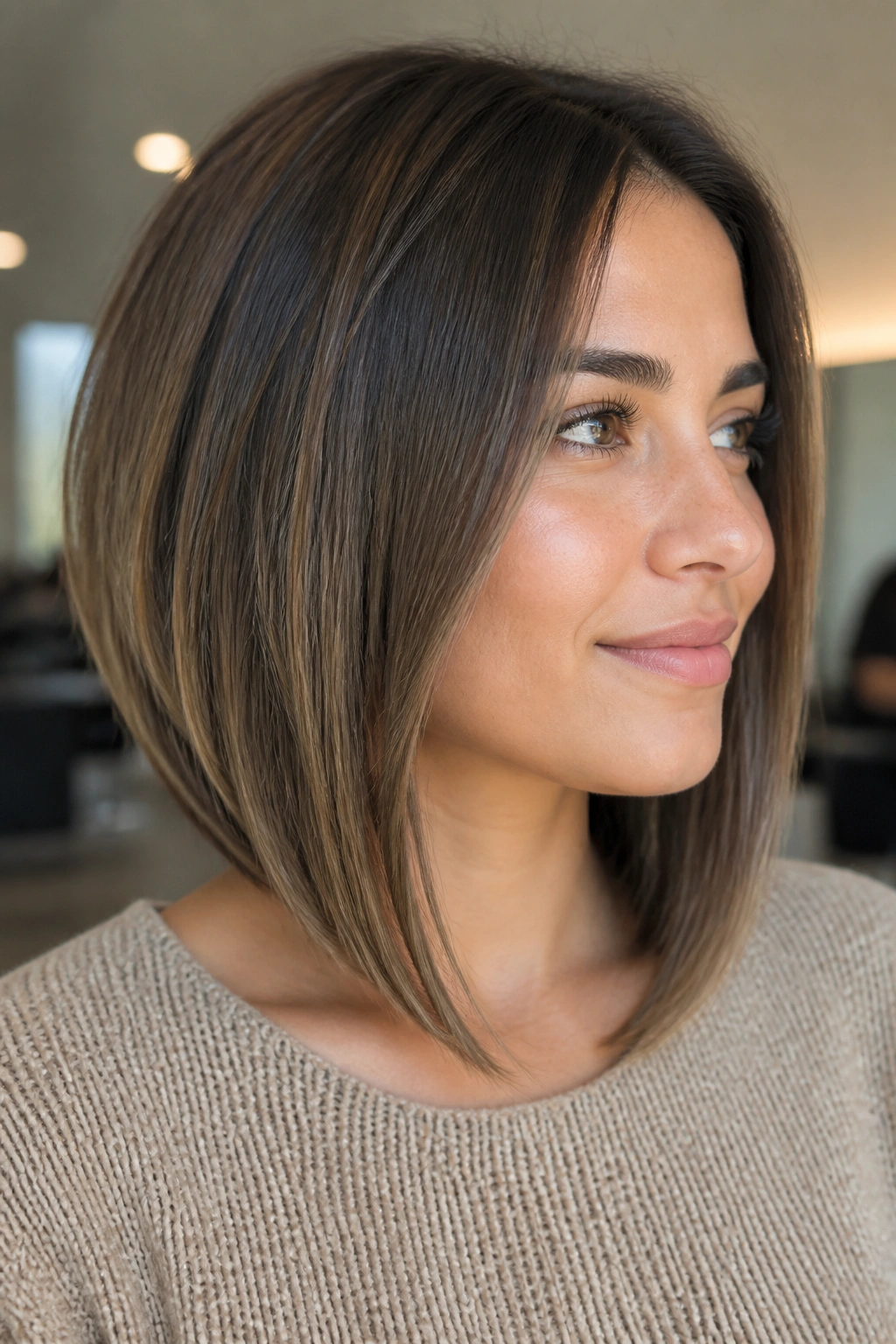 Softly stacked lob on a real woman with gentle nape lift and collarbone-length front