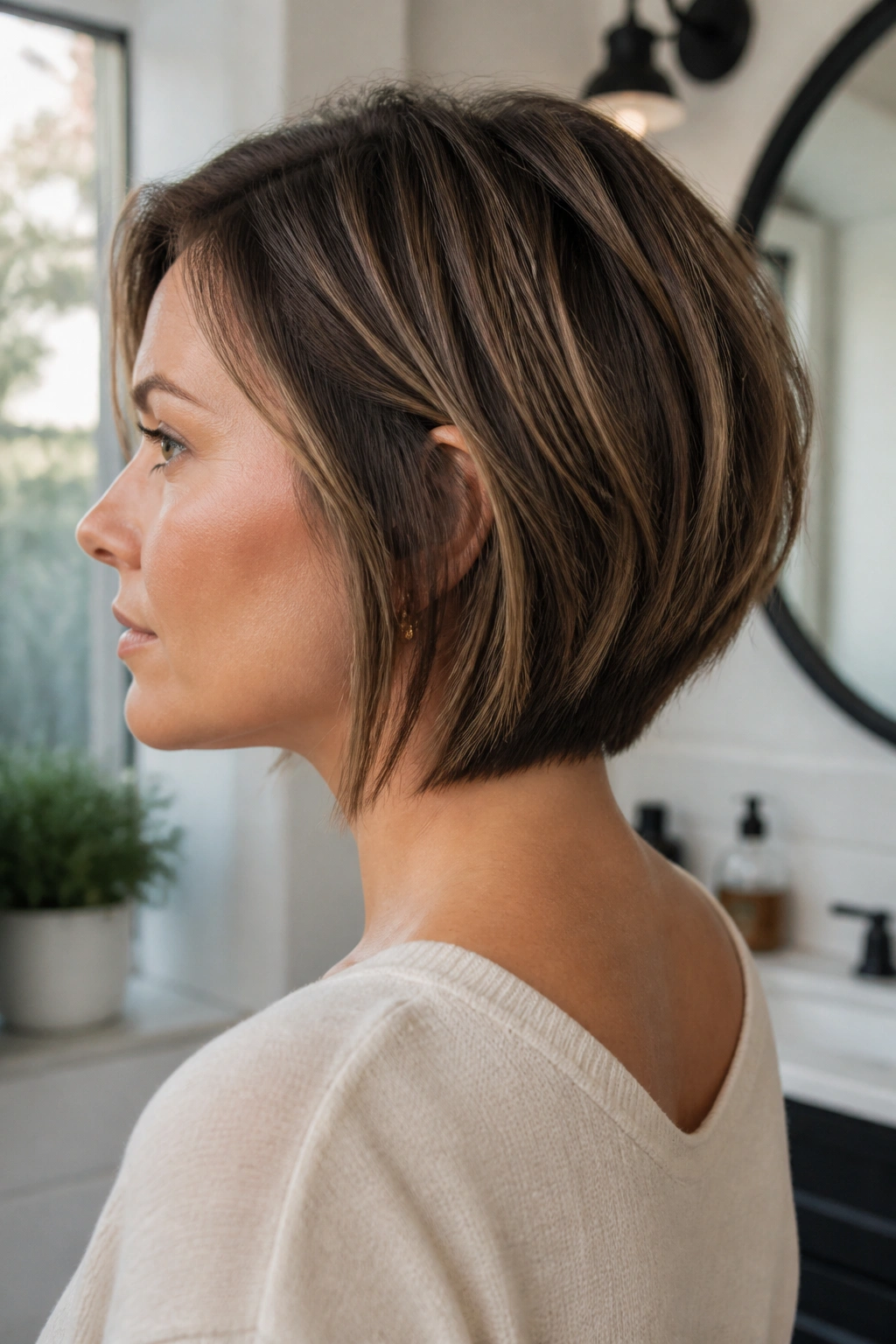 Real woman with softly stacked lob and tapered nape.