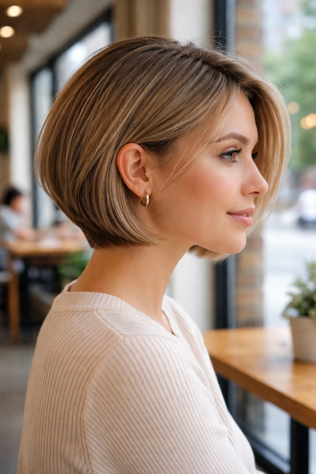 Close-up profile of a person with softly tapered bob