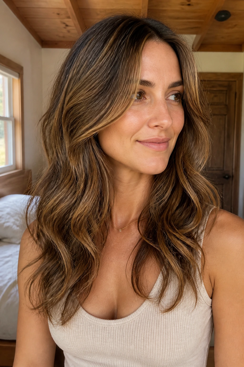 Close-up of a woman with a softly tapered long cut in natural window light.
