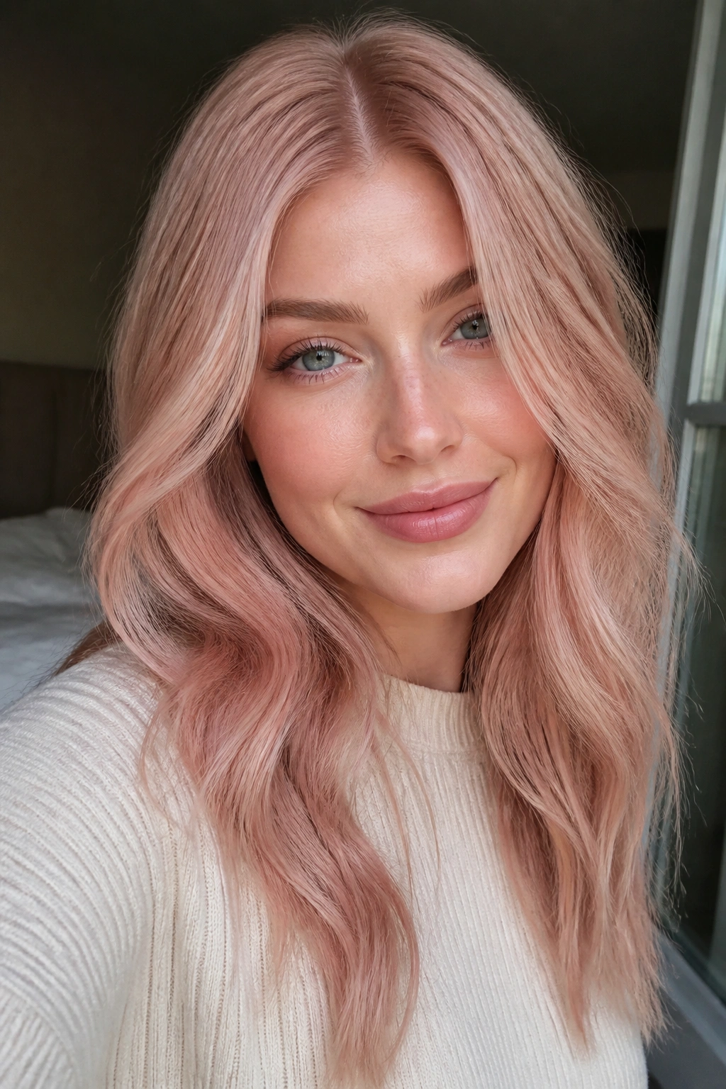 Close-up of a real woman with Soft Rose Strawberry Blonde hair framing her face in warm window light
