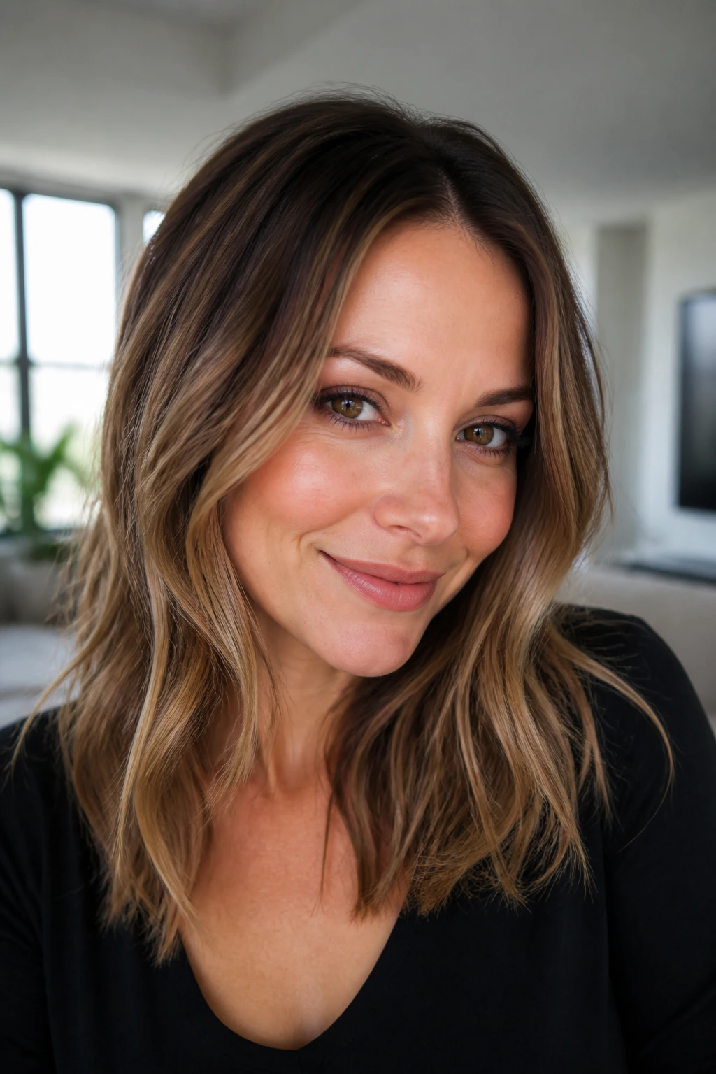 Real woman with fine brown hair showing gentle sombre balayage