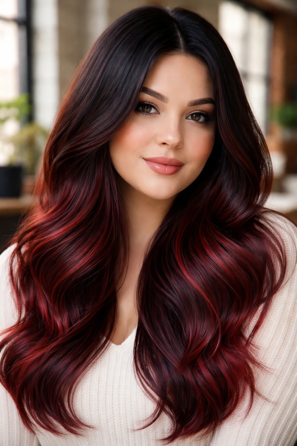 Close-up of real person with red-black sombre ombre on black hair