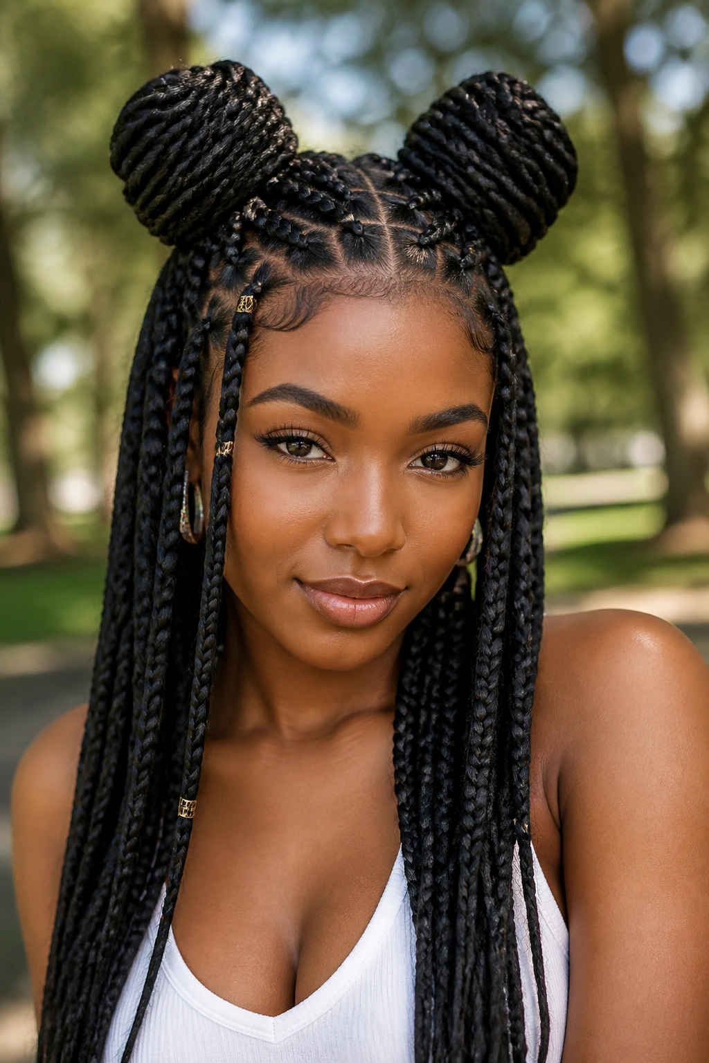 Close-up portrait of a real woman with space buns made from box braids