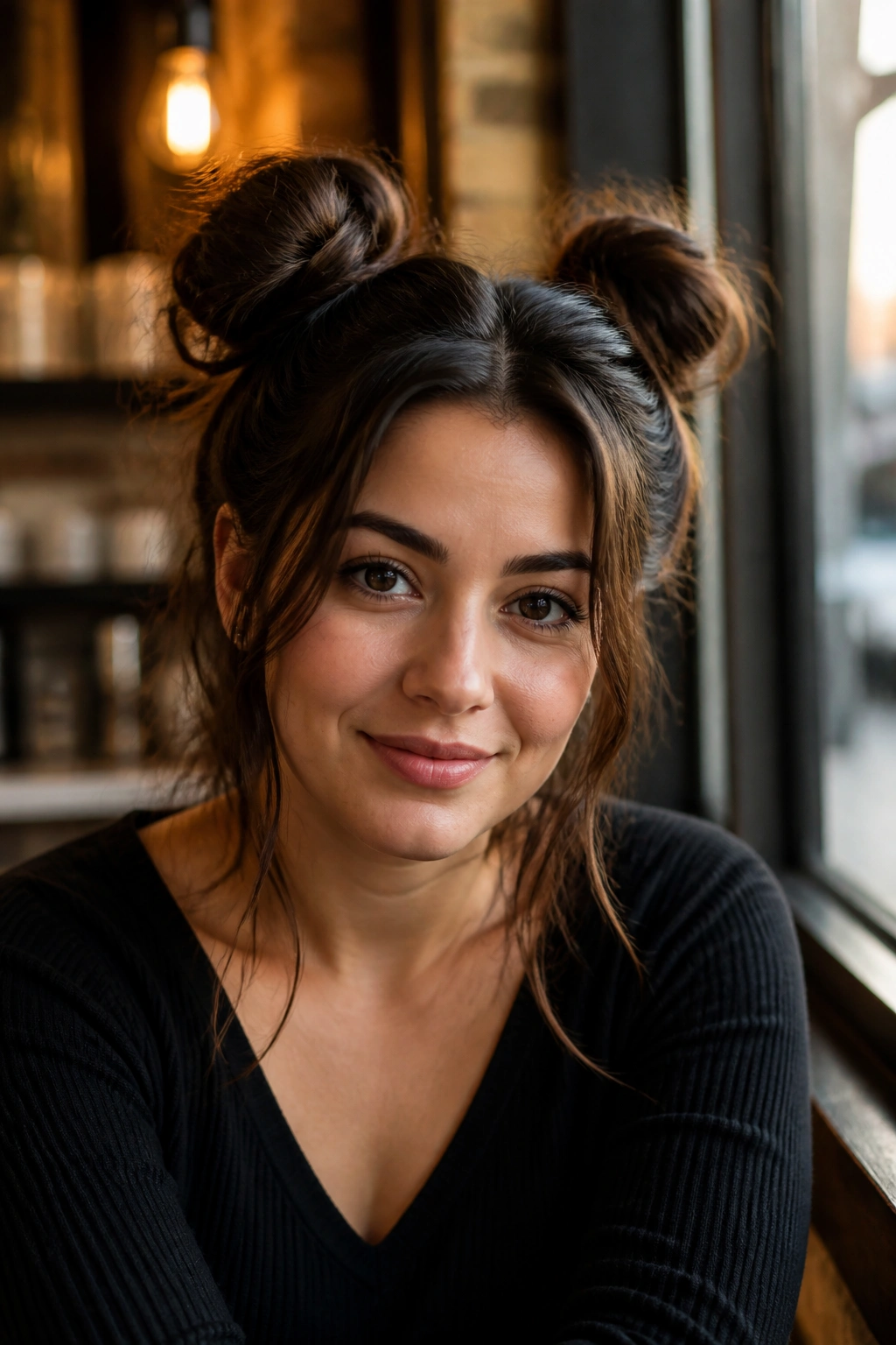 Real woman with high double space buns and soft face-framing pieces.