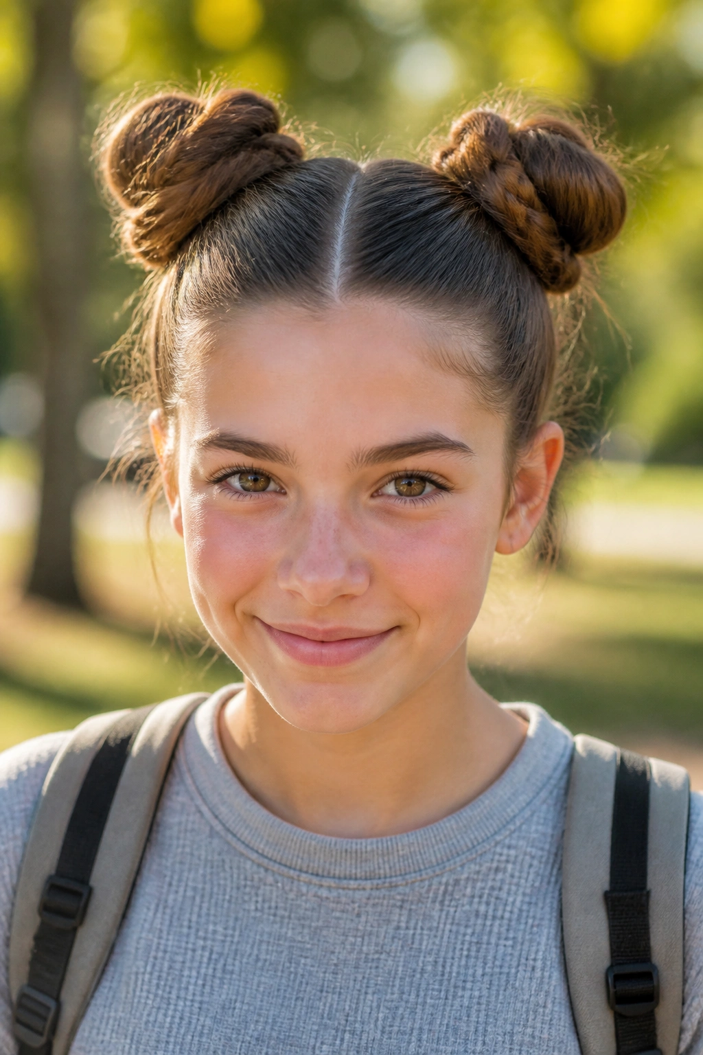 Close-up of a real person with space buns and a clean center part.