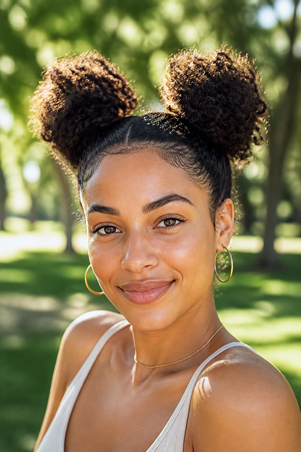 Real person with space buns and fluffy ends in an outdoor park