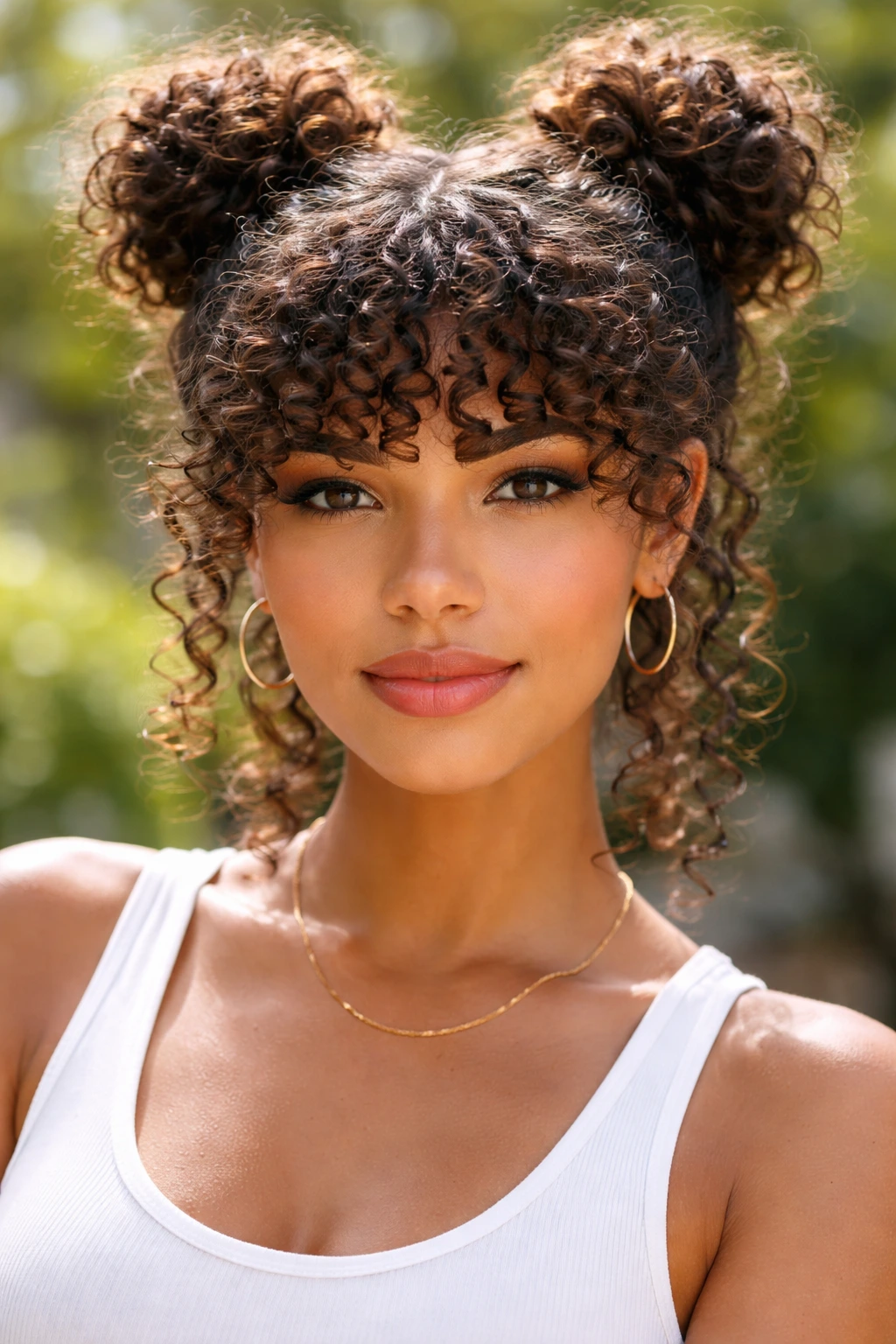 Portrait of a woman with curly fringe and space buns.