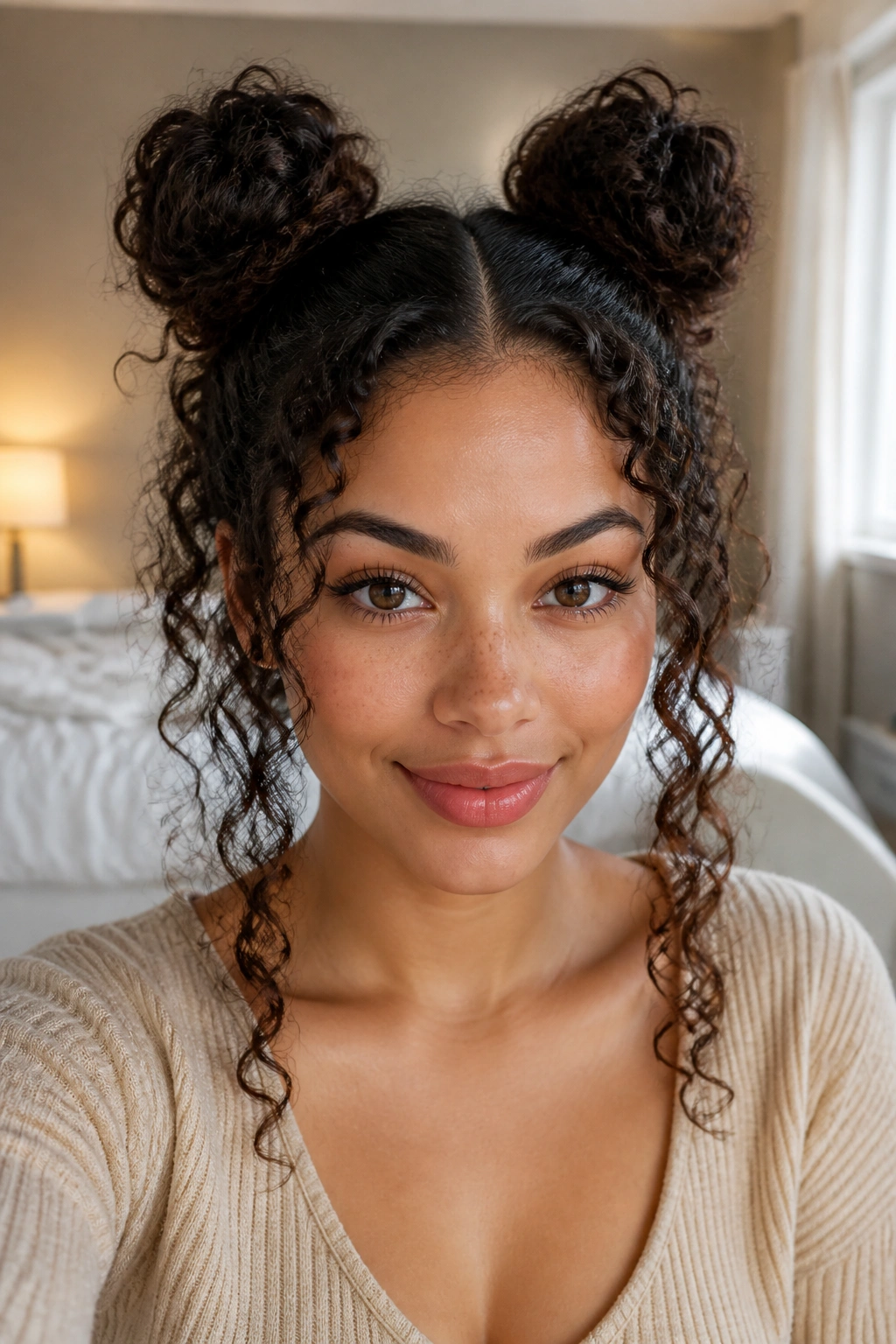 Close-up portrait of a real woman with space buns on curly hair in warm window light