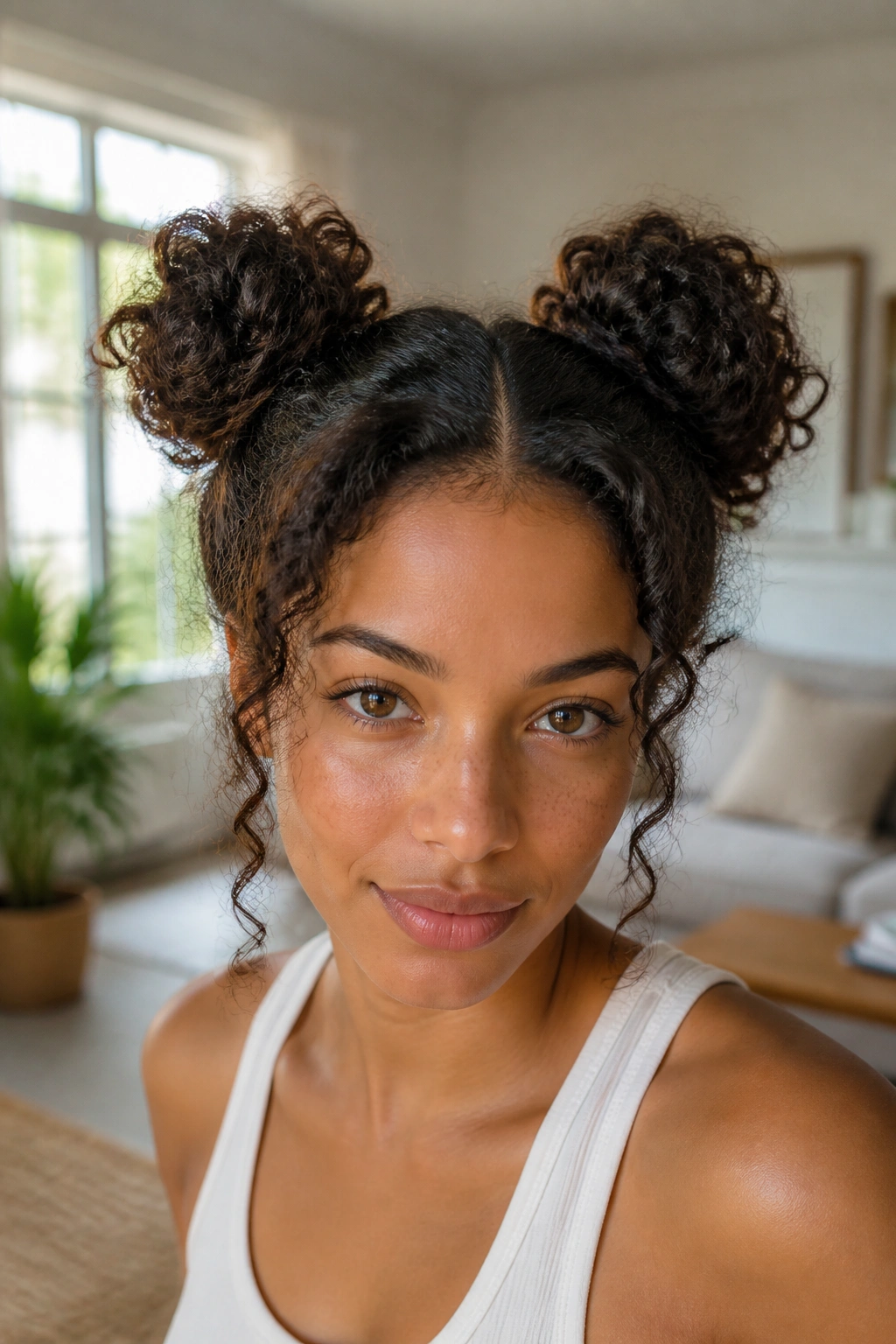 Close-up portrait of a real woman with two high space buns in thick curls.