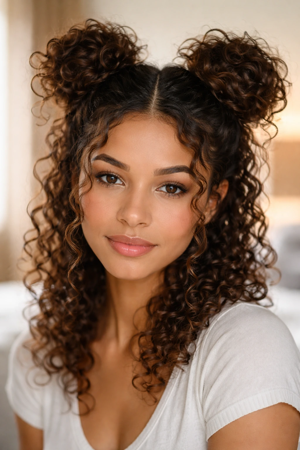 Close-up of a real woman with space buns and curls in natural window light