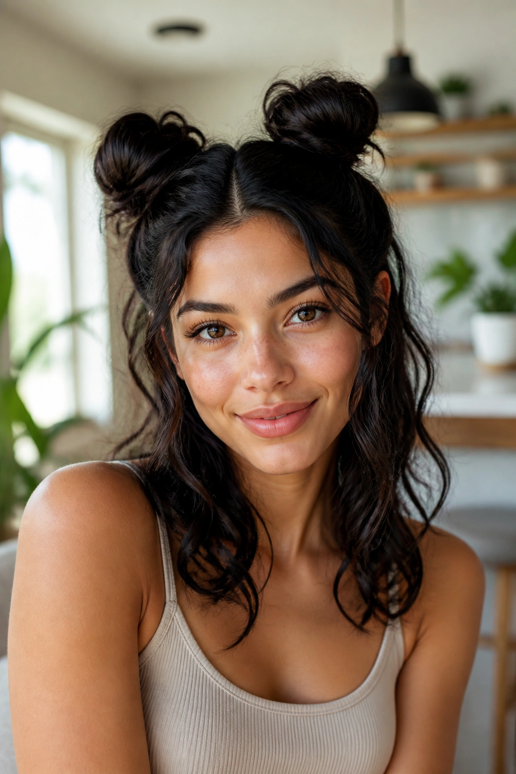 Close-up of a real woman with space buns and soft end finishes.