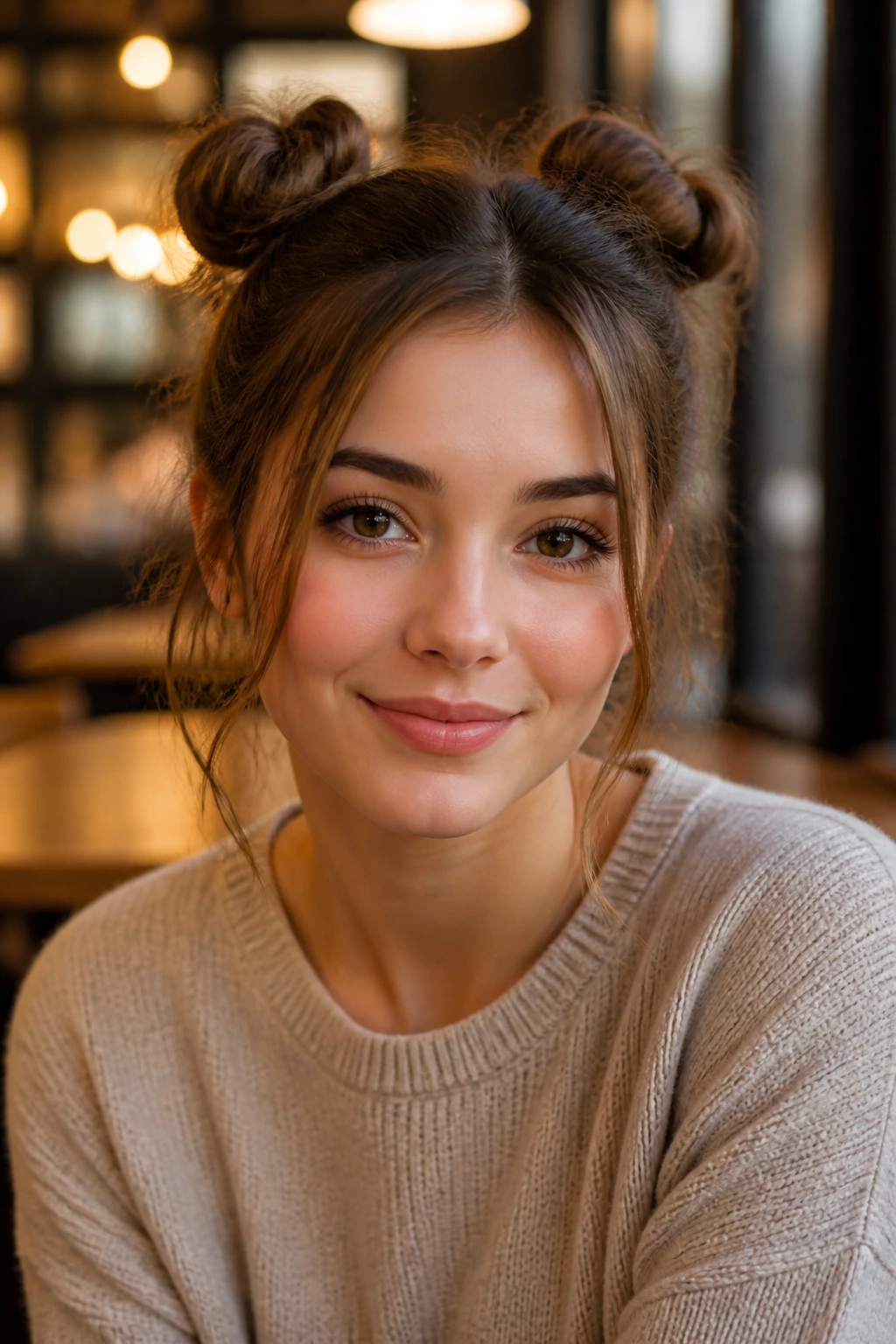 Close-up of a real woman with space buns and face-framing pieces.