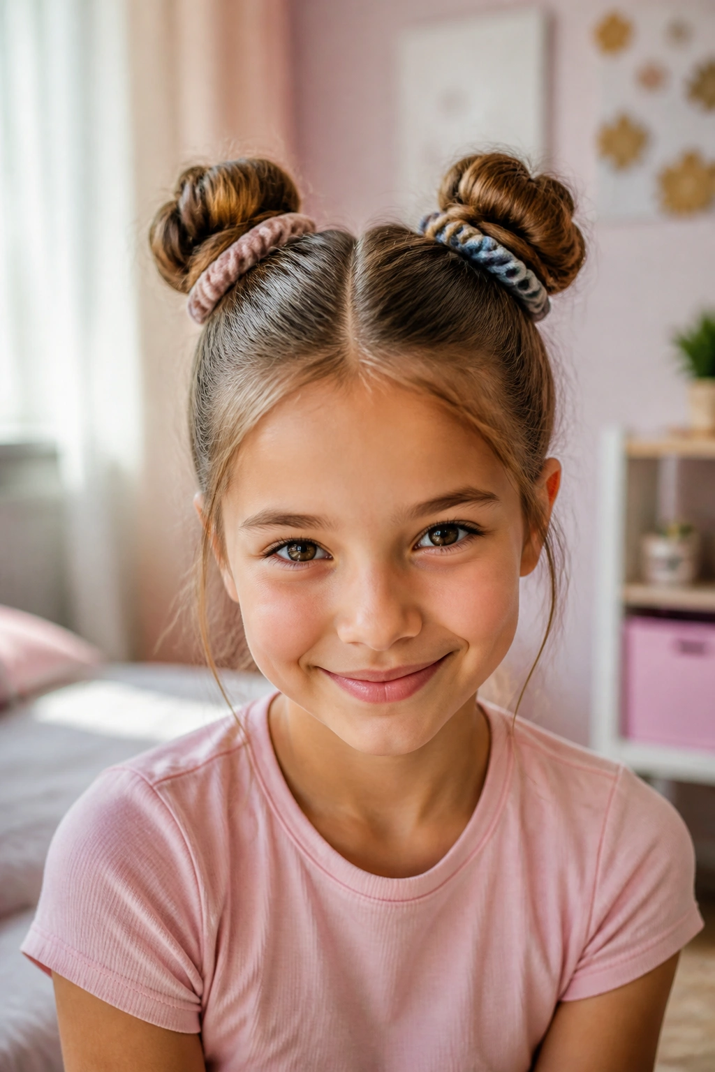 Close-up of a real girl with space buns in a cozy bedroom with natural window light