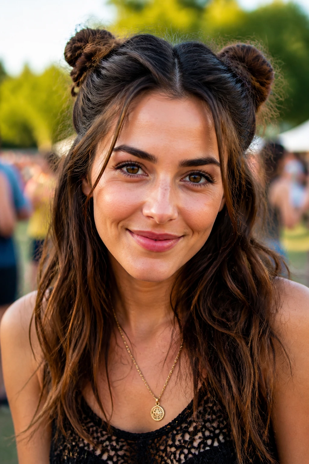 Close up of a real woman with half up space buns hairstyle.