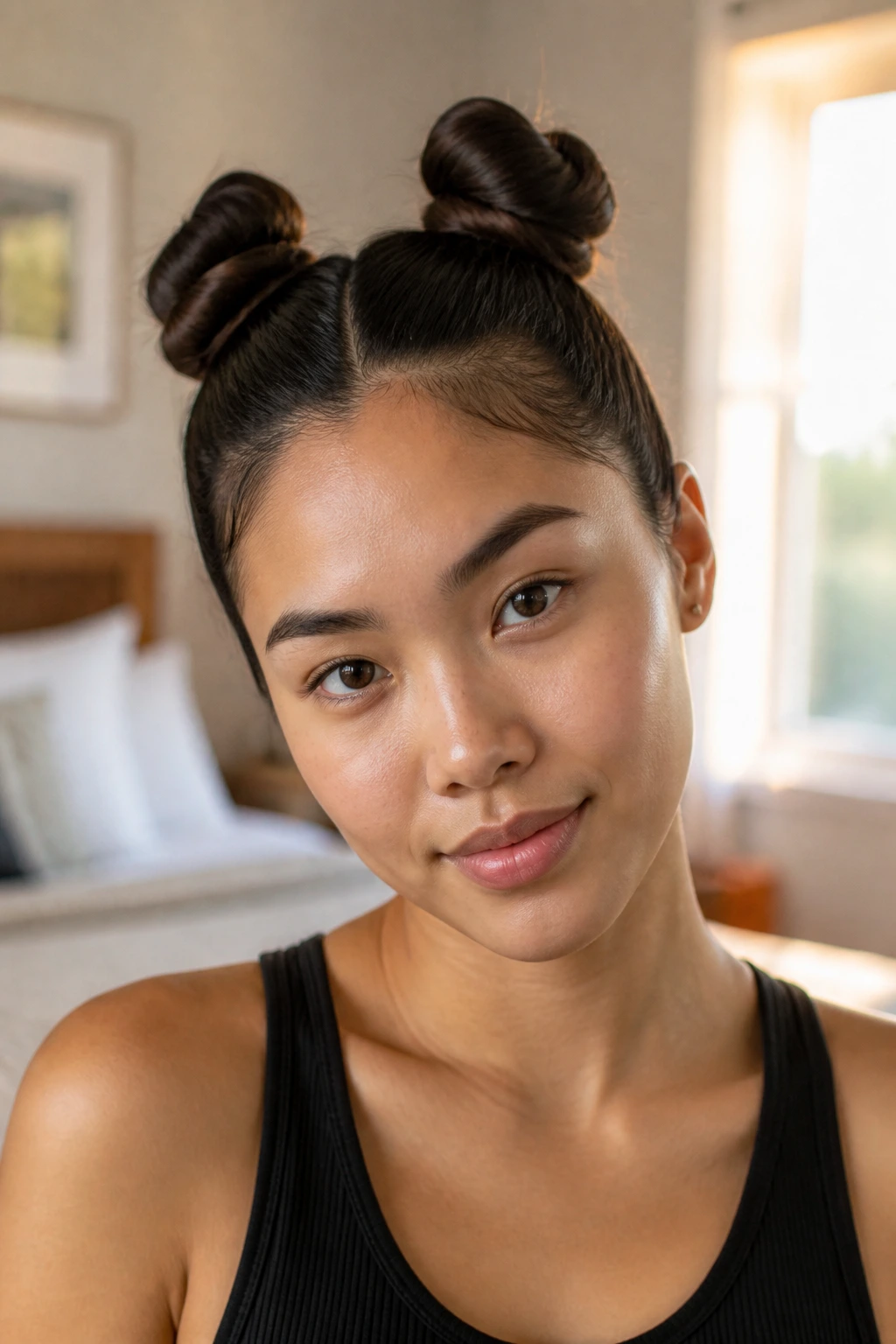 Close-up portrait of a real woman with space buns at the crown.