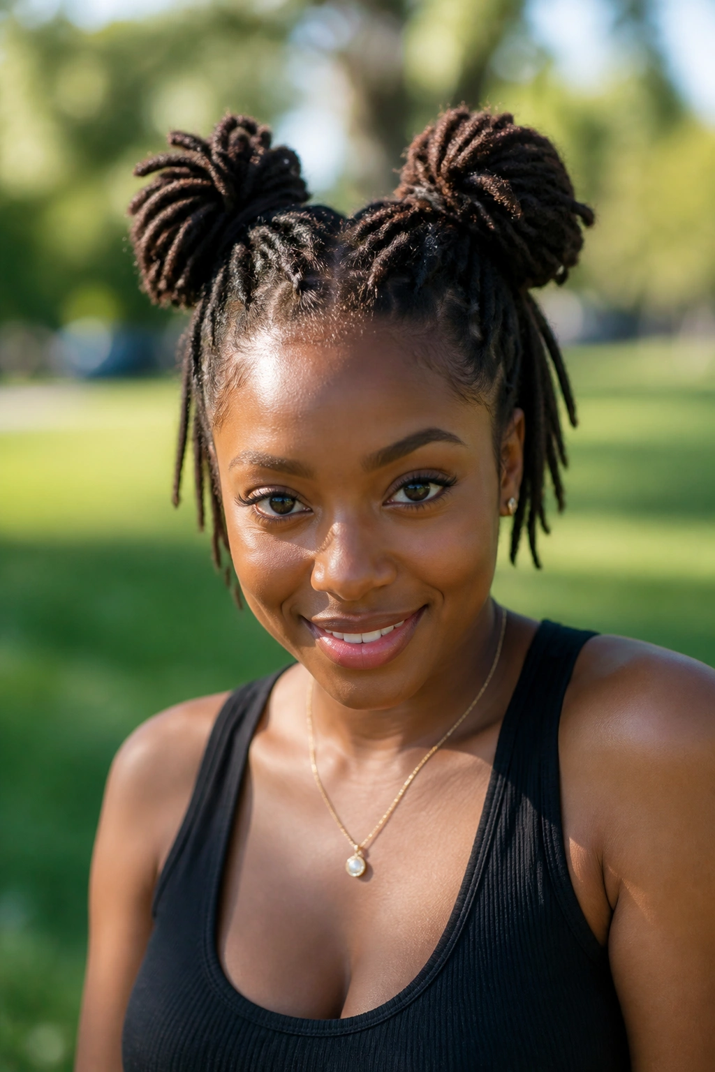 Portrait of real person with space buns on short locs in a sunny park