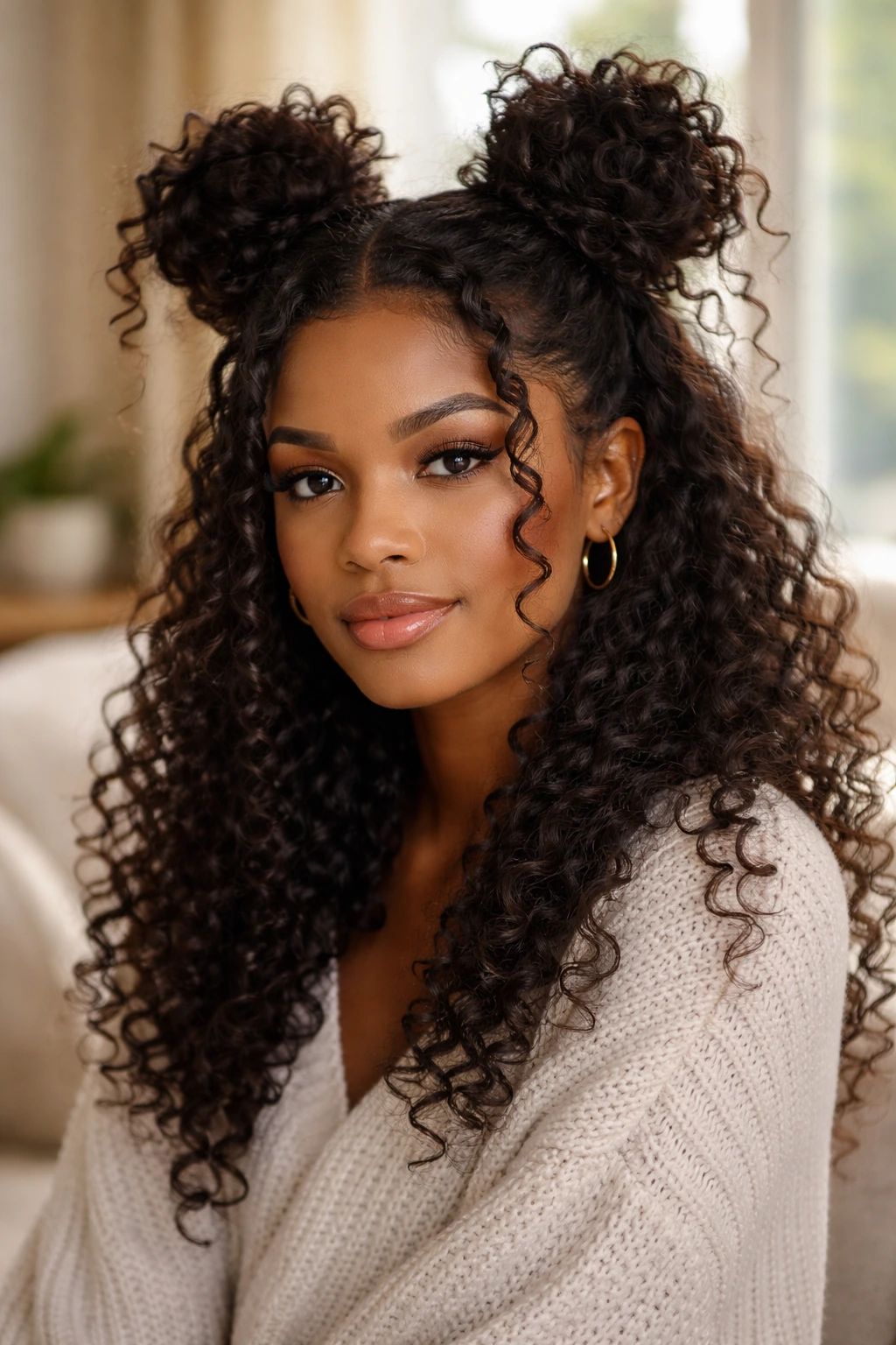 Close-up of a real woman with space buns and loose curls framing the face
