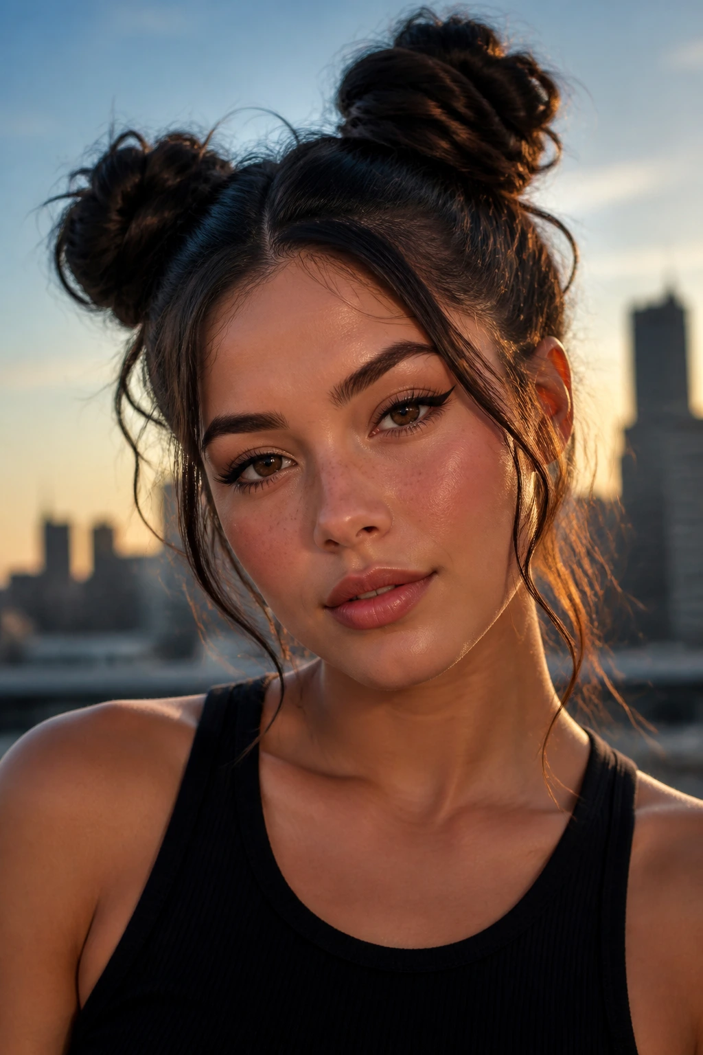 Close-up portrait of a real woman with space buns and loose tendrils on an urban rooftop during golden hour