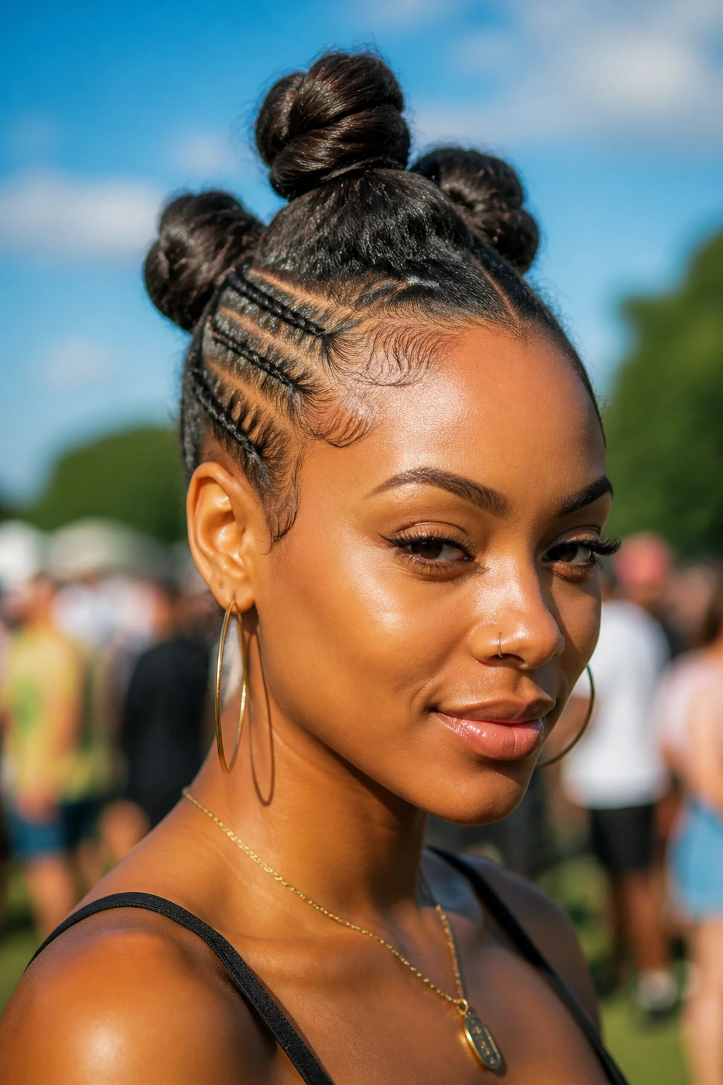 Close-up portrait of a real Black woman with space buns forming a Mohawk center