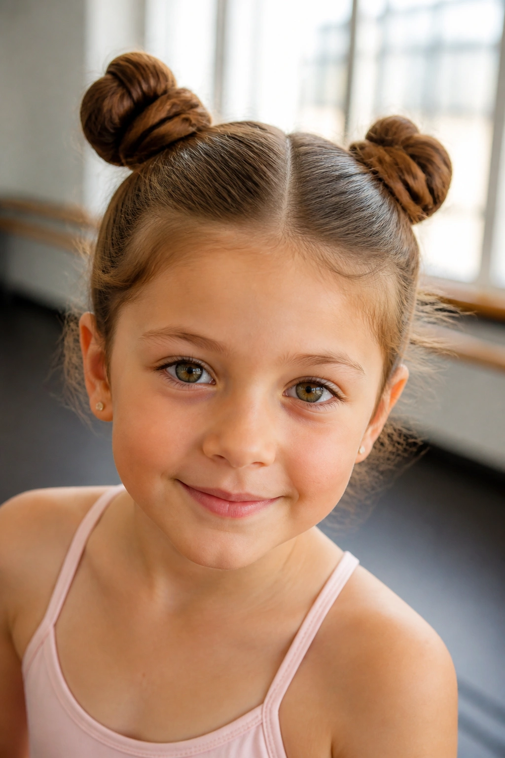 Close-up of a girl with space buns hairstyle.