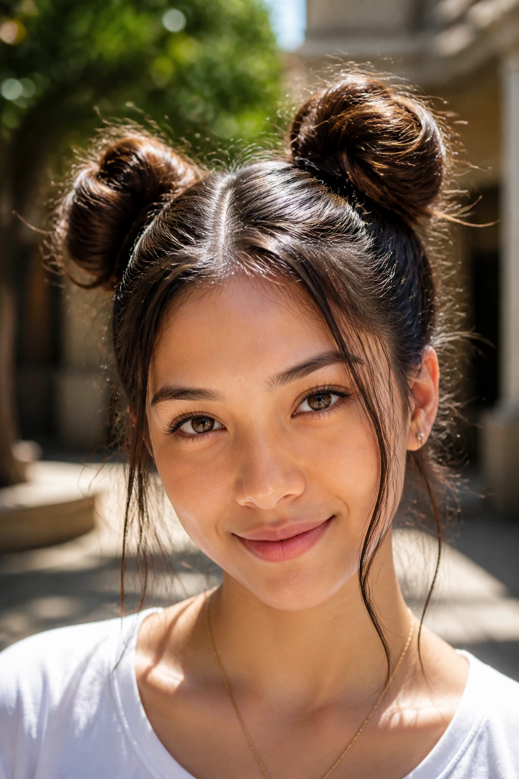 Close-up of a real person with two high space buns on top of the head