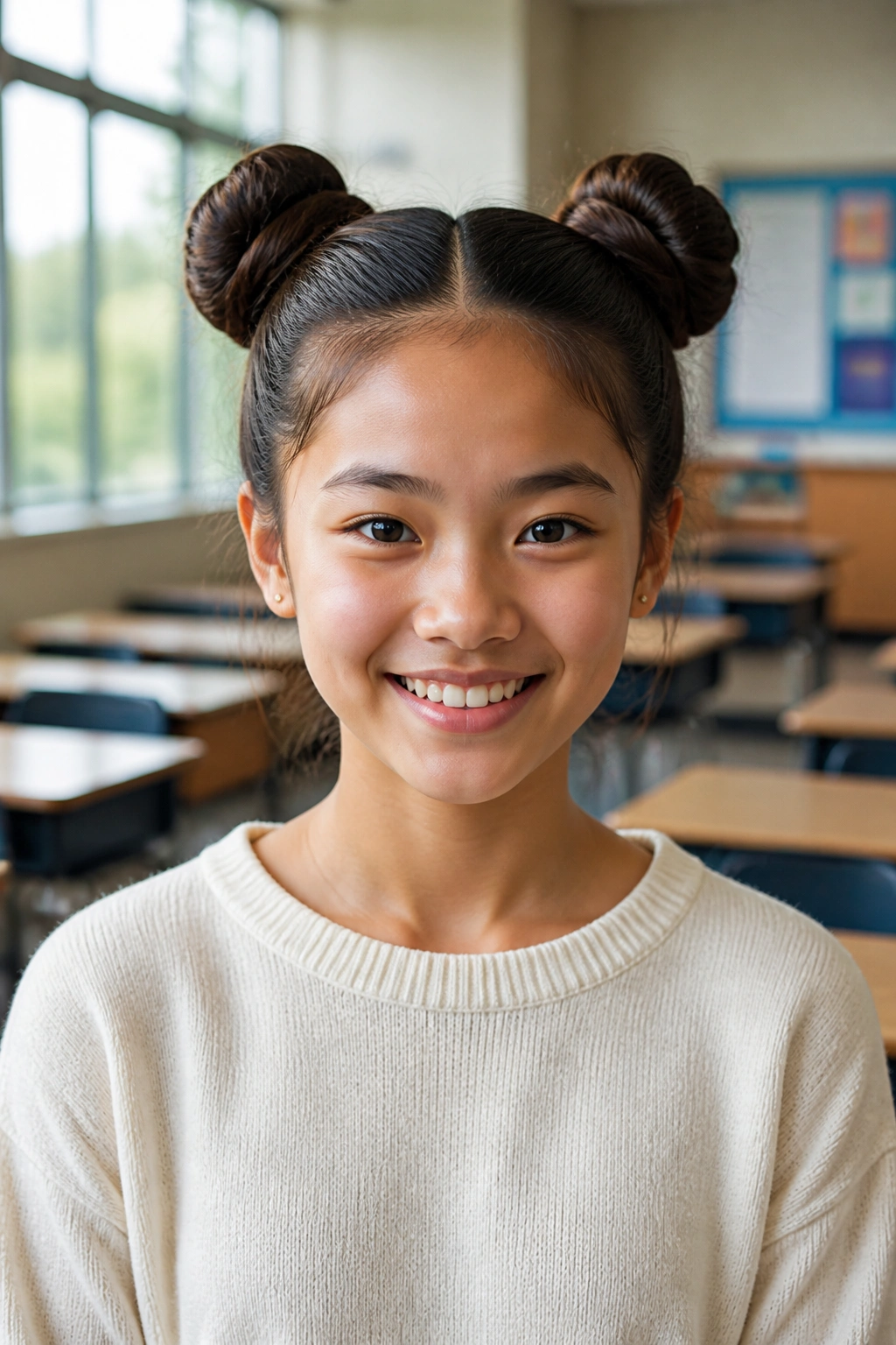 Front view of real student with space buns on top