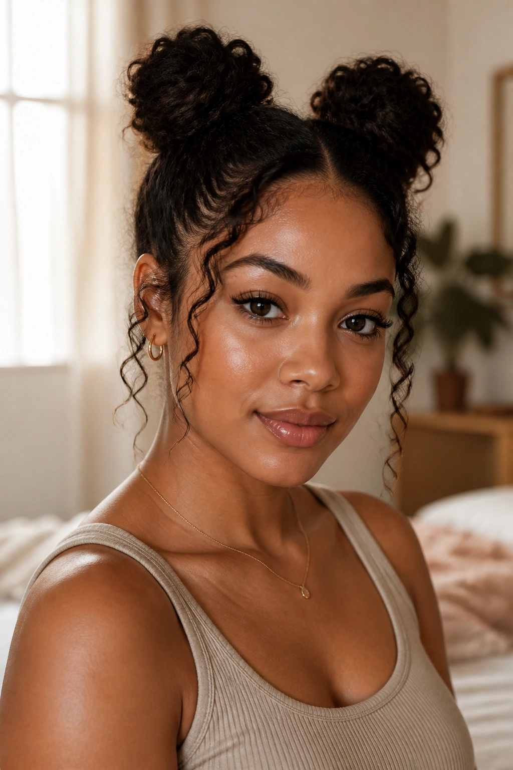 Close-up portrait of a real woman with space buns and soft tendrils framing a round face