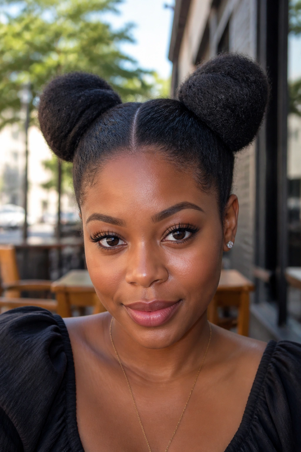 Close-up portrait of a real person with space buns on stretched hair.
