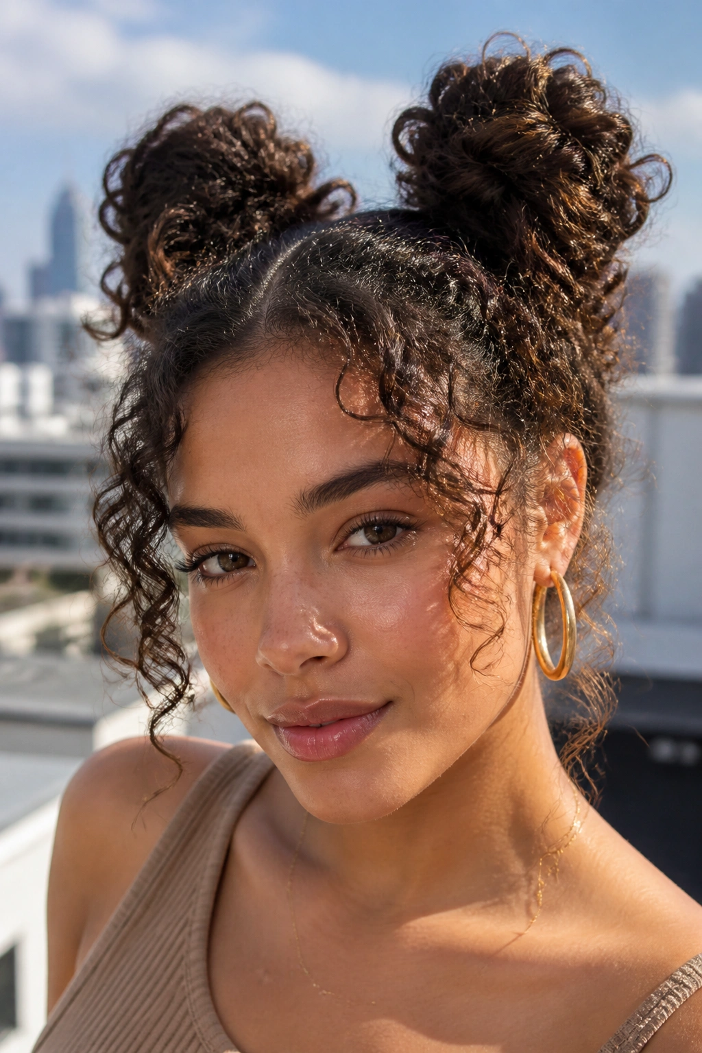 Close-up of a real woman with two space buns and textured curls around the face.