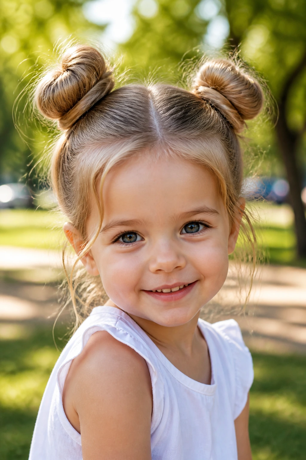 Close-up of a real toddler with two space buns in a sunlit park